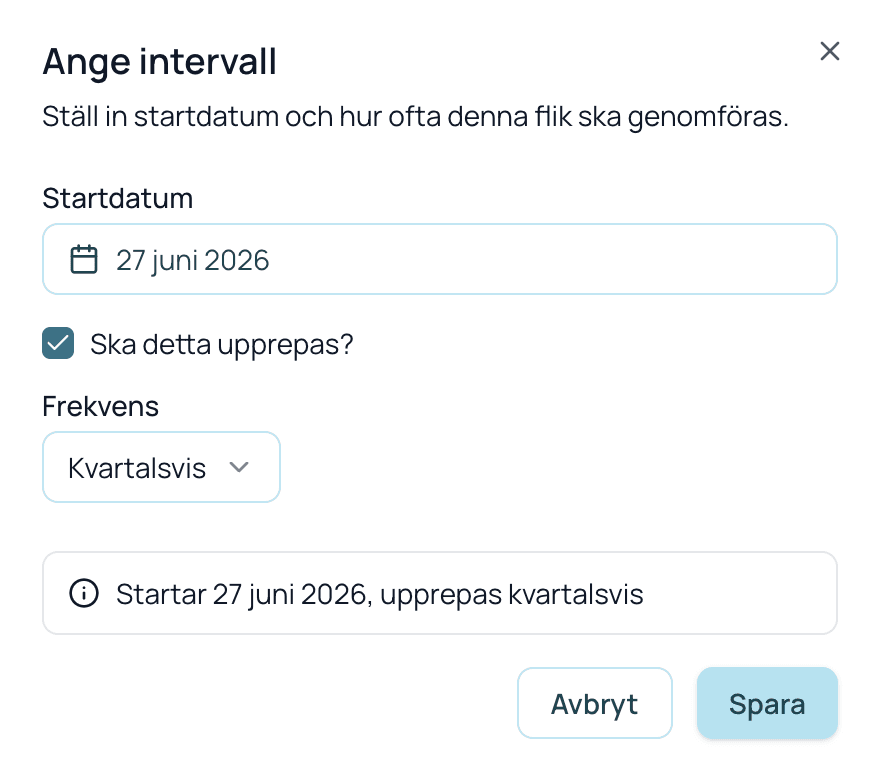 Dialogrutan för att ställa in intervall på en flik